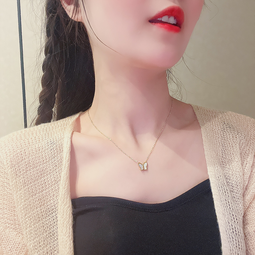 Korean version white mother-of-pearl butterfly necklace, women's niche design sense pendant, light luxury titanium steel collarbone chain, one hair replacement accessory details Picture