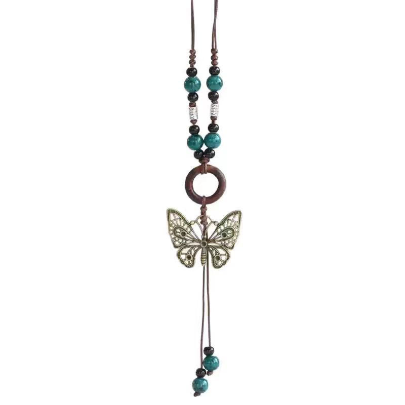 Bohemian-style butterfly beaded rope necklace for women, new Chinese-style retro long ceramic pendant, ethnic style accessory Item Picture