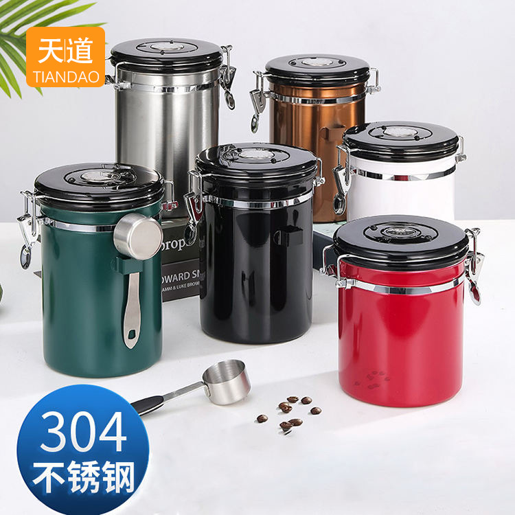 Stainless steel 304 coffee bean sealed jar, kitchen tea sugar coffee storage jar with date turntable and vent door full figure