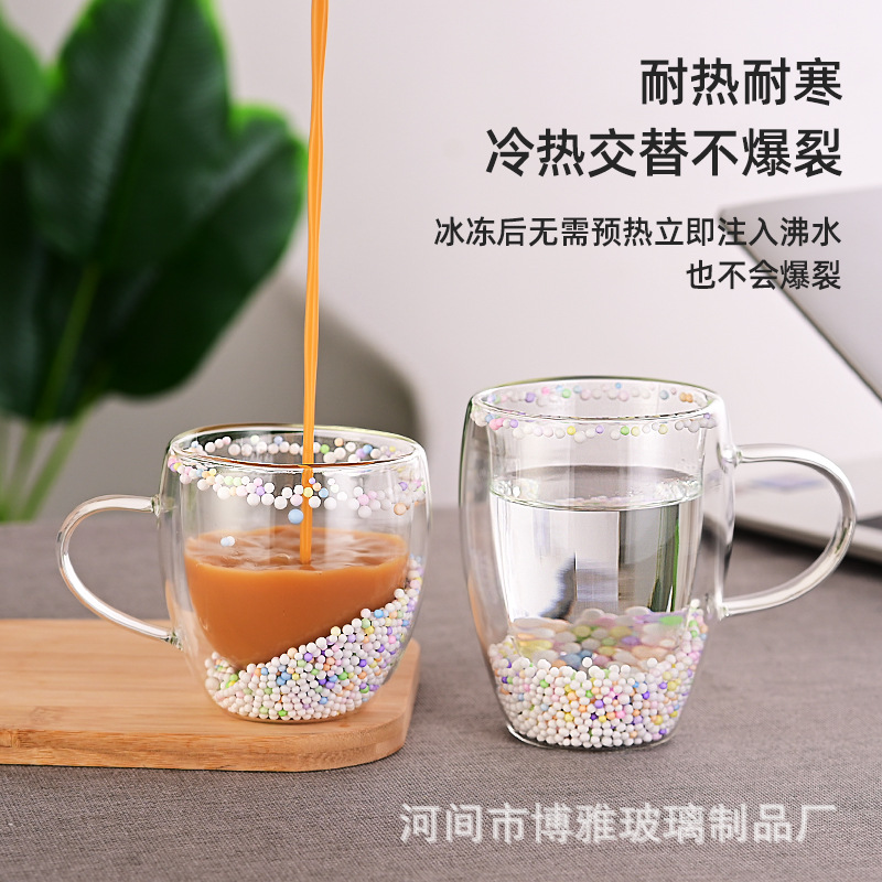 Creative real flower double-layered glass cup, high appearance level, heat-resistant, home breakfast cup, souvenir, single-handled petal flowing sand cup Application Scenario