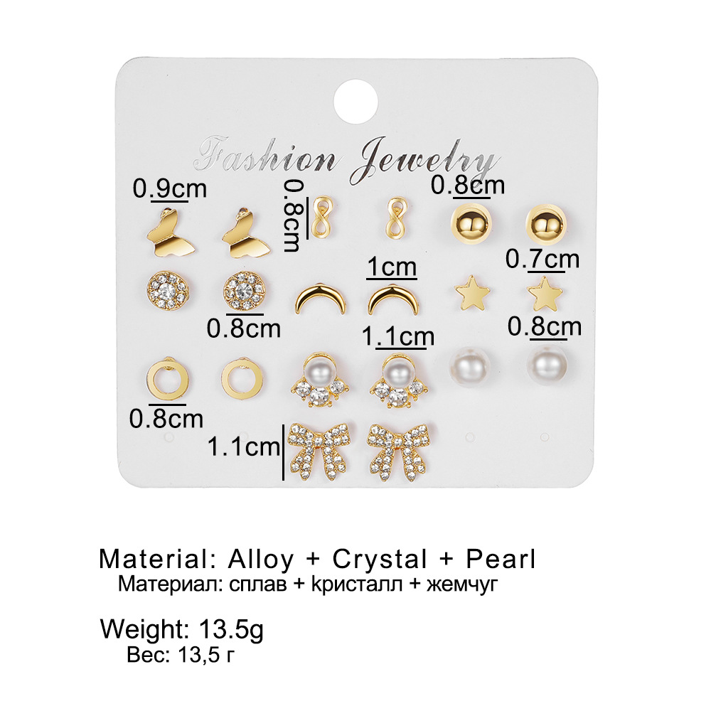 Wholesale of 10 pairs of trendy Korean-style accessories, including star and moon earrings, bow and diamond-encrusted earrings details Picture