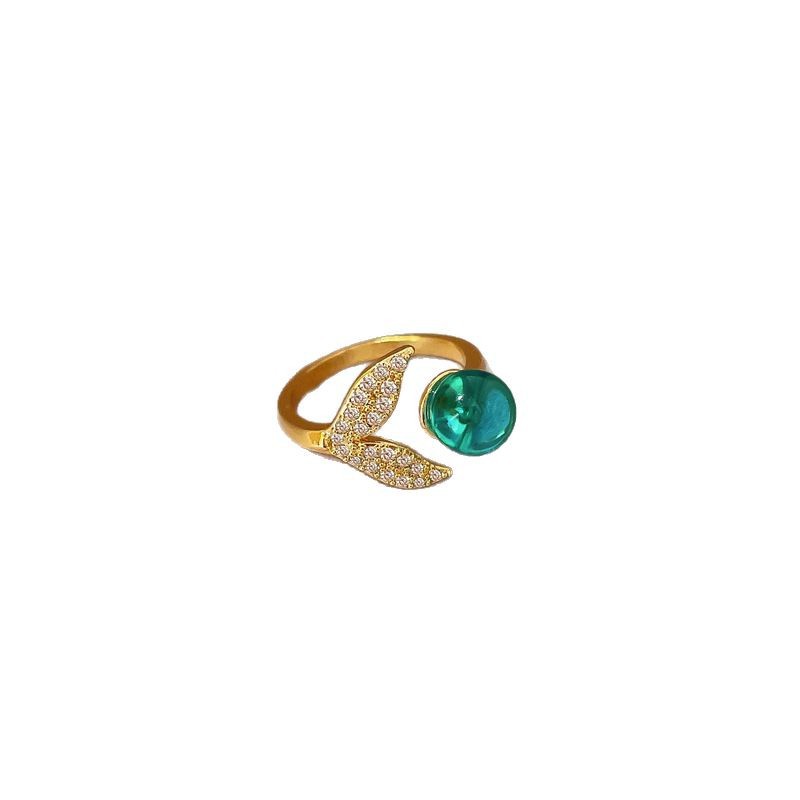 【 Real Gold 】 Korean version super shiny emerald crystal fishtail ring with adjustable opening, simple Japanese-style wrist ring Item Picture