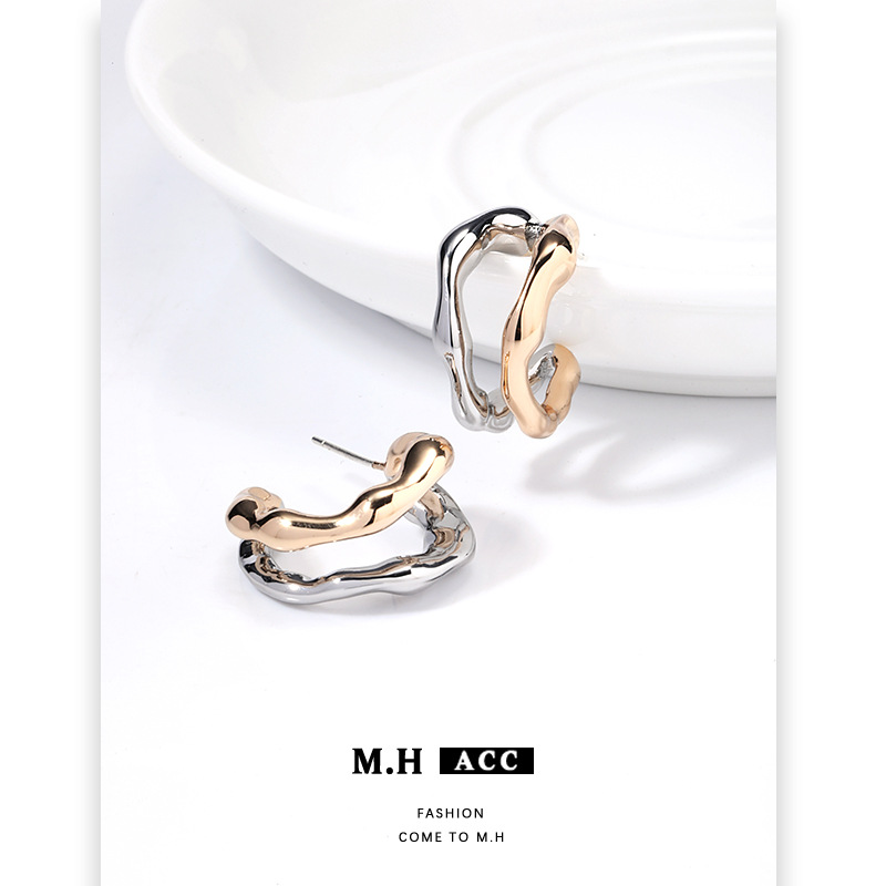 Original design, color-blocking metal texture C-ring earrings, women's cold style, light luxury, fashion and high-end feel, 925 silver needle earrings Specification drawing