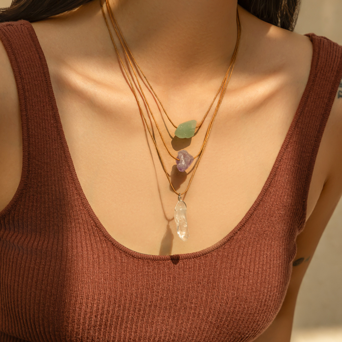 European and American cross-border jewelry vacation style stone adjustable necklace, irregular crystal pendant collarbone chain set Specification drawing