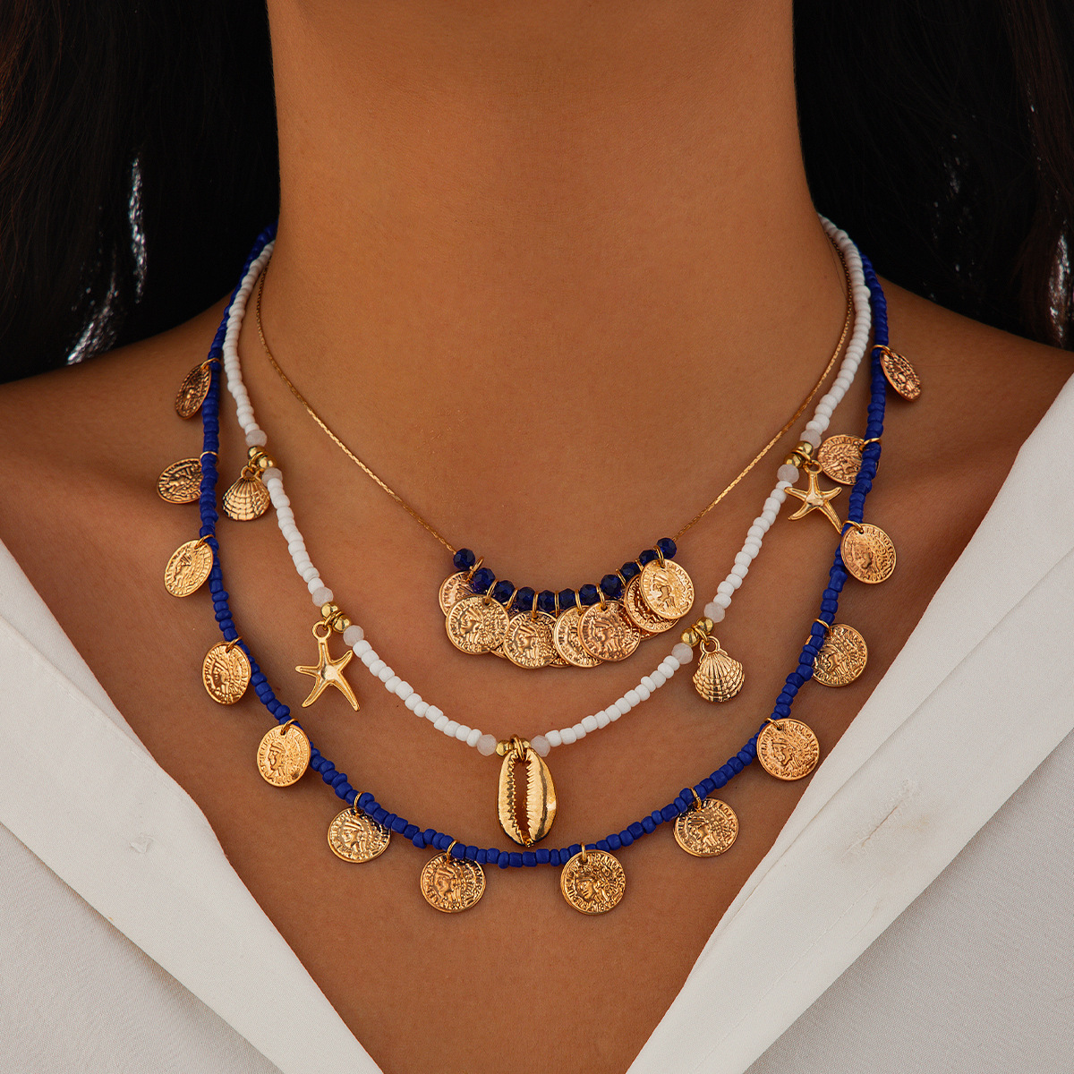 European and American cross-border jewelry vacation beach rice bead shell necklace set, fashionable alloy starfish collarbone neck chain full figure