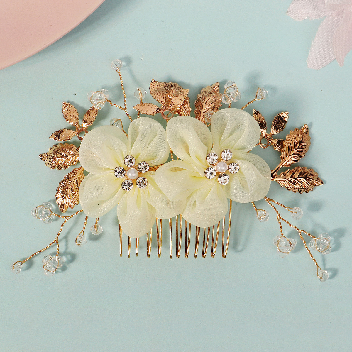 Cross-border bride accessories, beautiful updo, handcrafted comb, wedding dance party headwear, fabric flower crystal hair comb full figure