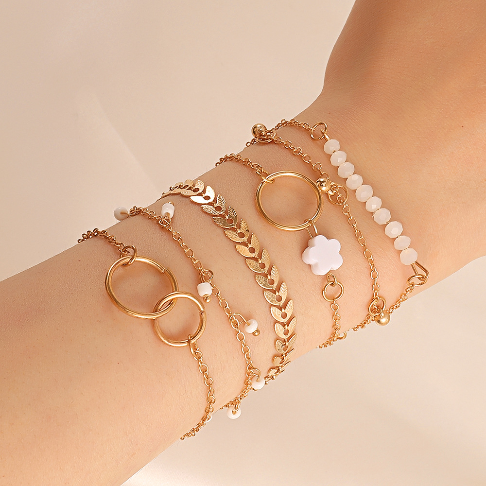 Cross-border best-selling simple geometric circle bracelet set, 6-piece set of European and American ins flower tassel leaf circle bracelet full figure