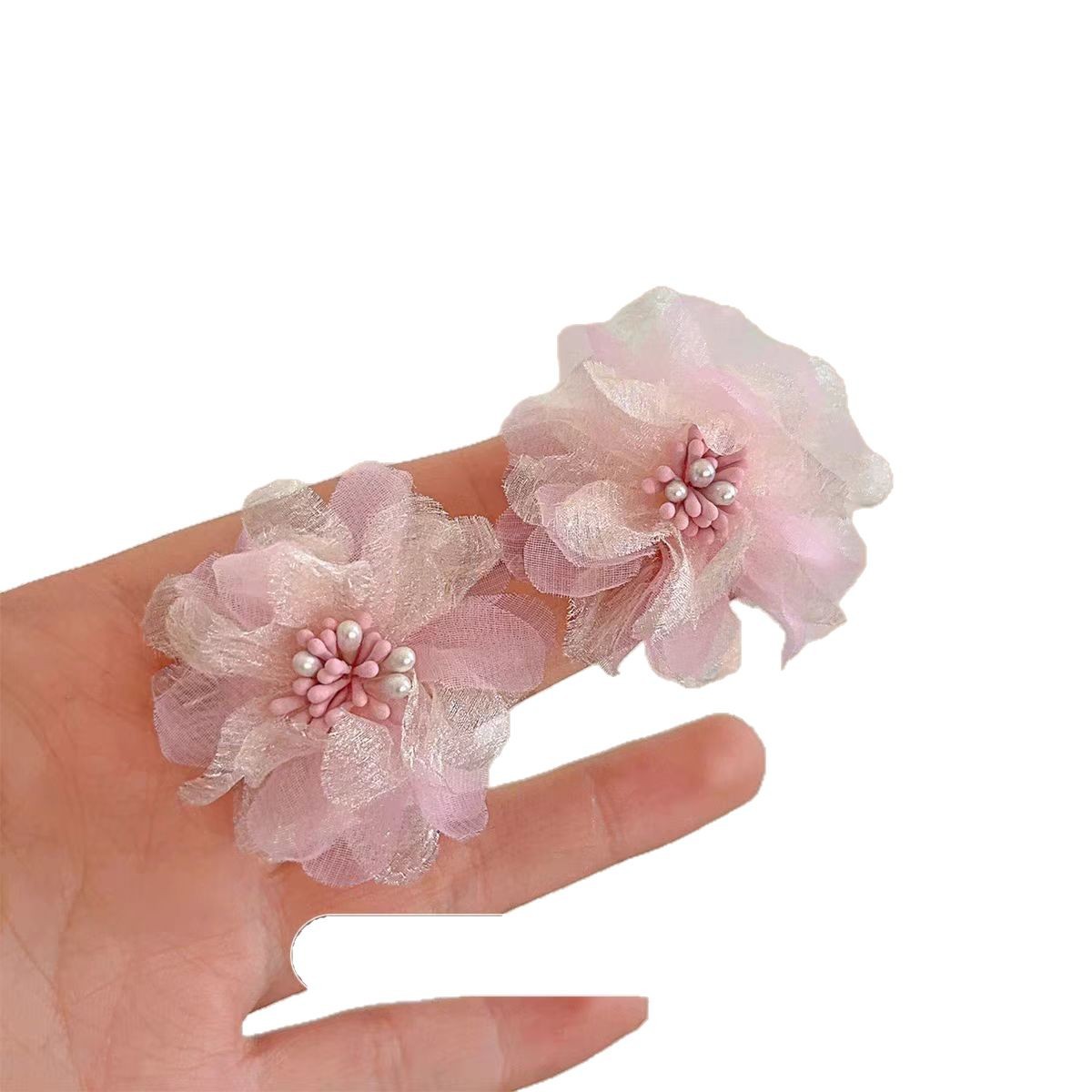 Gentle earrings, pink super fairy-like flower chiffon, perfect for spring. Mesh ear studs, 2025 new style bestsellers, high-end Item Picture