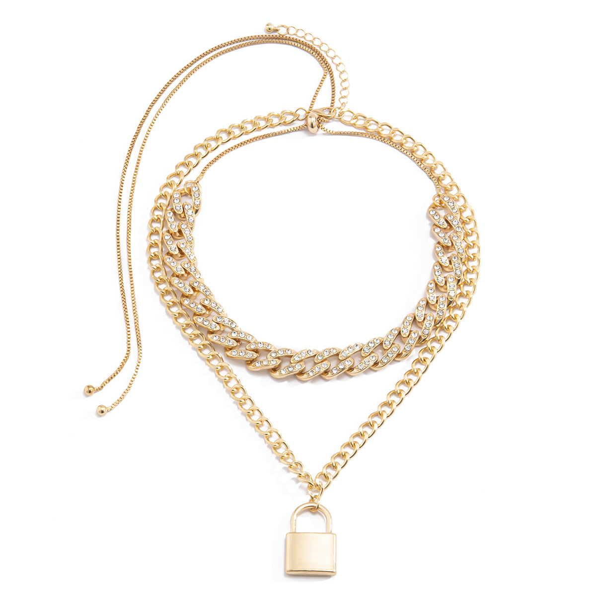 Exaggerated and fashionable European and American cross-border jewelry, diamond-encrusted Cuban chain necklace, women's retro simple and versatile lock pendant necklace Item Picture