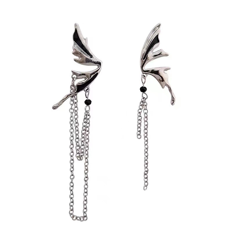 S925 Silver needle metallic tassel half butterfly stud earrings, exaggerated and asymmetrical long tassel stud earrings Item Picture