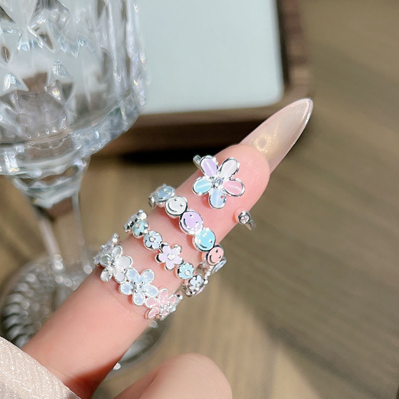 Summer sweet and exquisite colorful enamel drop glaze open ring, a gentle French style flower smiling face niche ring for women details Picture
