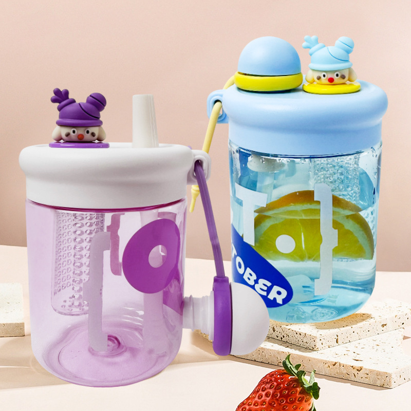 New summer children's water cups, large capacity, cute cups, student straw cups, cartoon double-spout plastic cups for both men and women details Picture