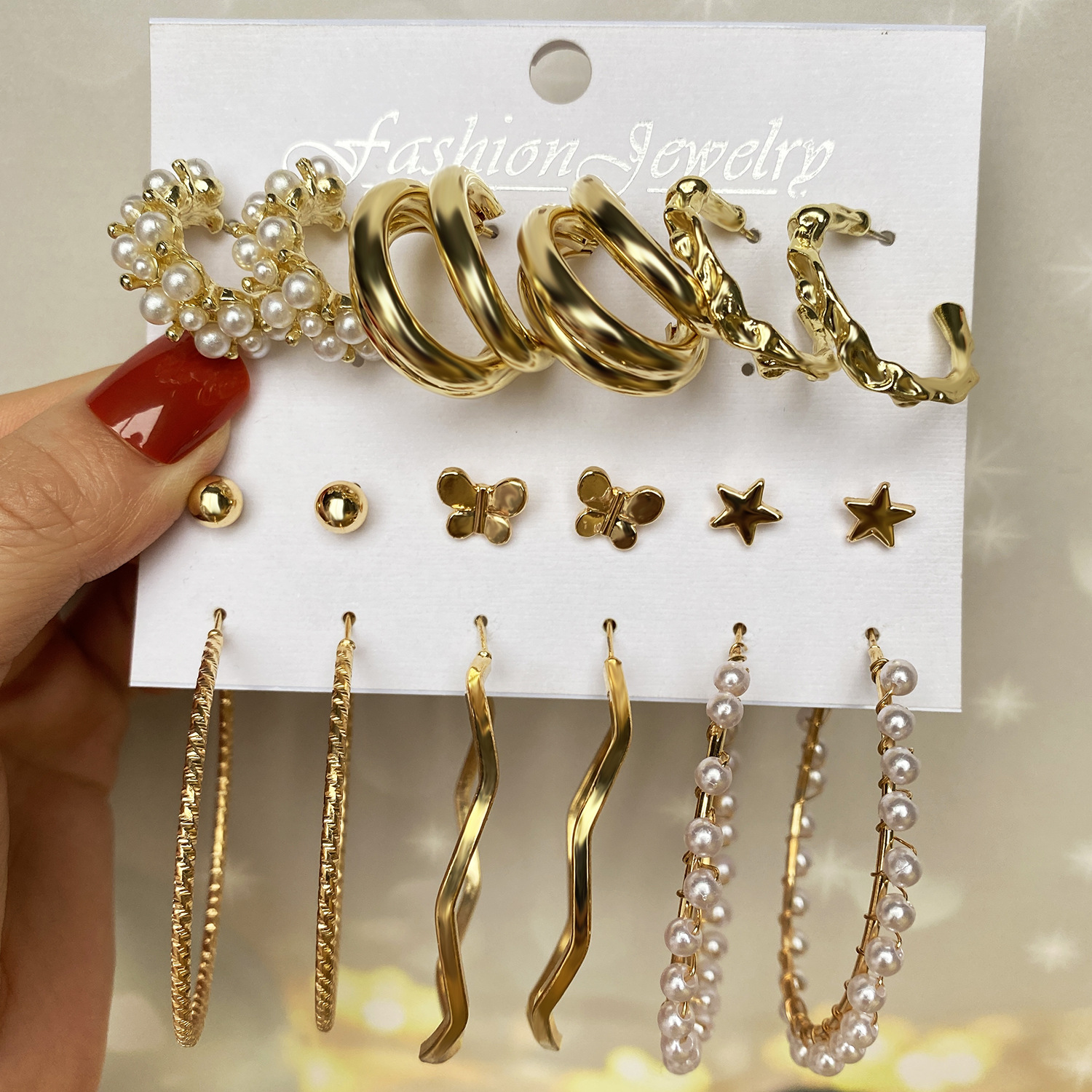 A new retro diamond-encrusted pearl women's stud earring set of 9 pieces, featuring cross-border golden geometric earrings from Europe and America full figure