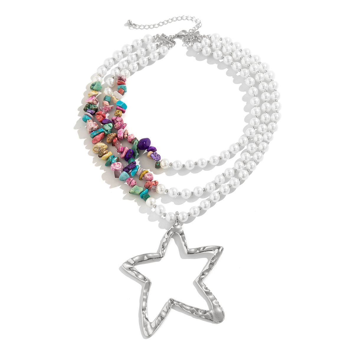 European and American cross-border jewelry, five-pointed star alloy pendant, pearl multi-layer necklace, retro turquoise beaded collarbone chain Item Picture