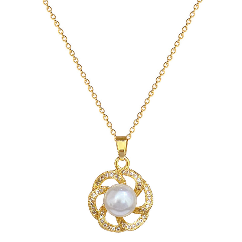 【 Titanium Steel 】 Necklace and Earring set, light Luxury Full diamond rotating pearl, personalized and elegant banquet earrings and necklaces Item Picture