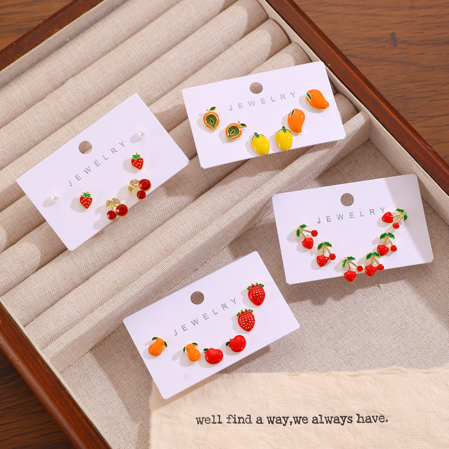 Cross-border cute and girlish summer exquisite fruit stud earrings set, watermelon, mango, strawberry and cherry card earrings for women details Picture