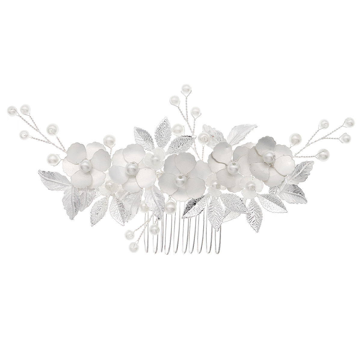 Forest-style alloy flower handcrafted bridal hair comb, high-end wedding dinner hair accessory, silver leaf and flower insert comb for women Item Picture