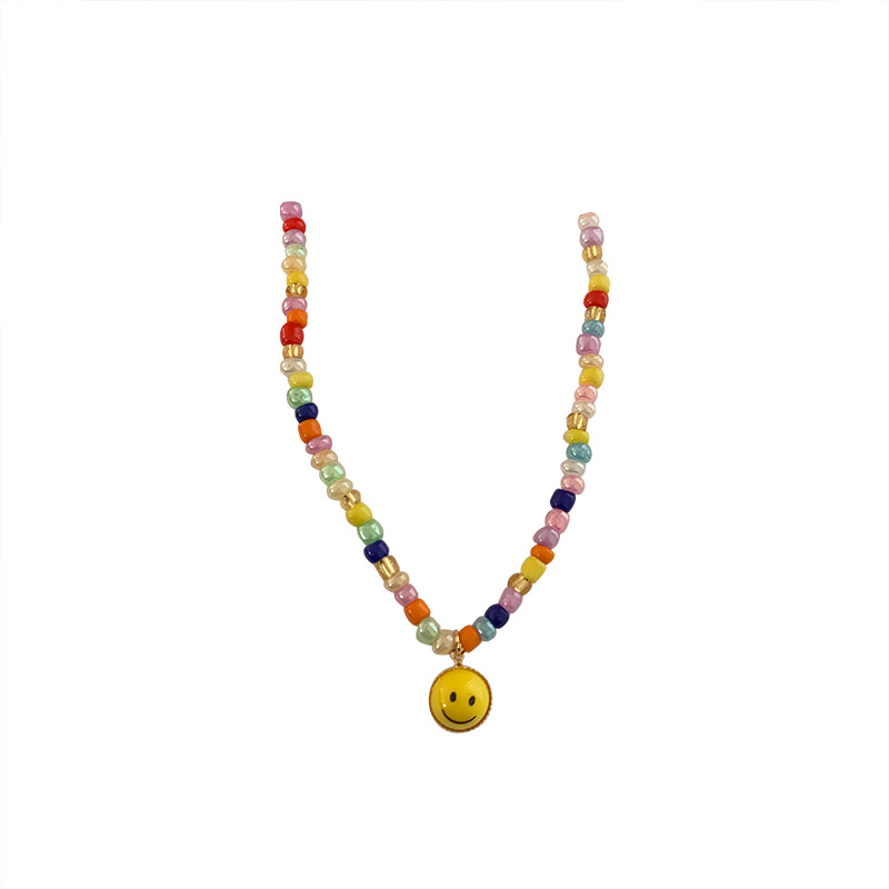 The 2023 new style of colorful beaded smiley face necklace for women, a niche collarbone chain design, and a hot girl hoodie accessory Item Picture