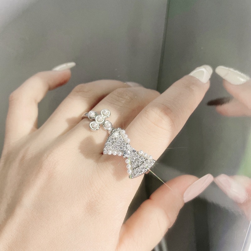 Sweet and cool light luxury bow pearl zircon open ring, exquisite and high-end, niche design, fashionable and individual ring Specification drawing