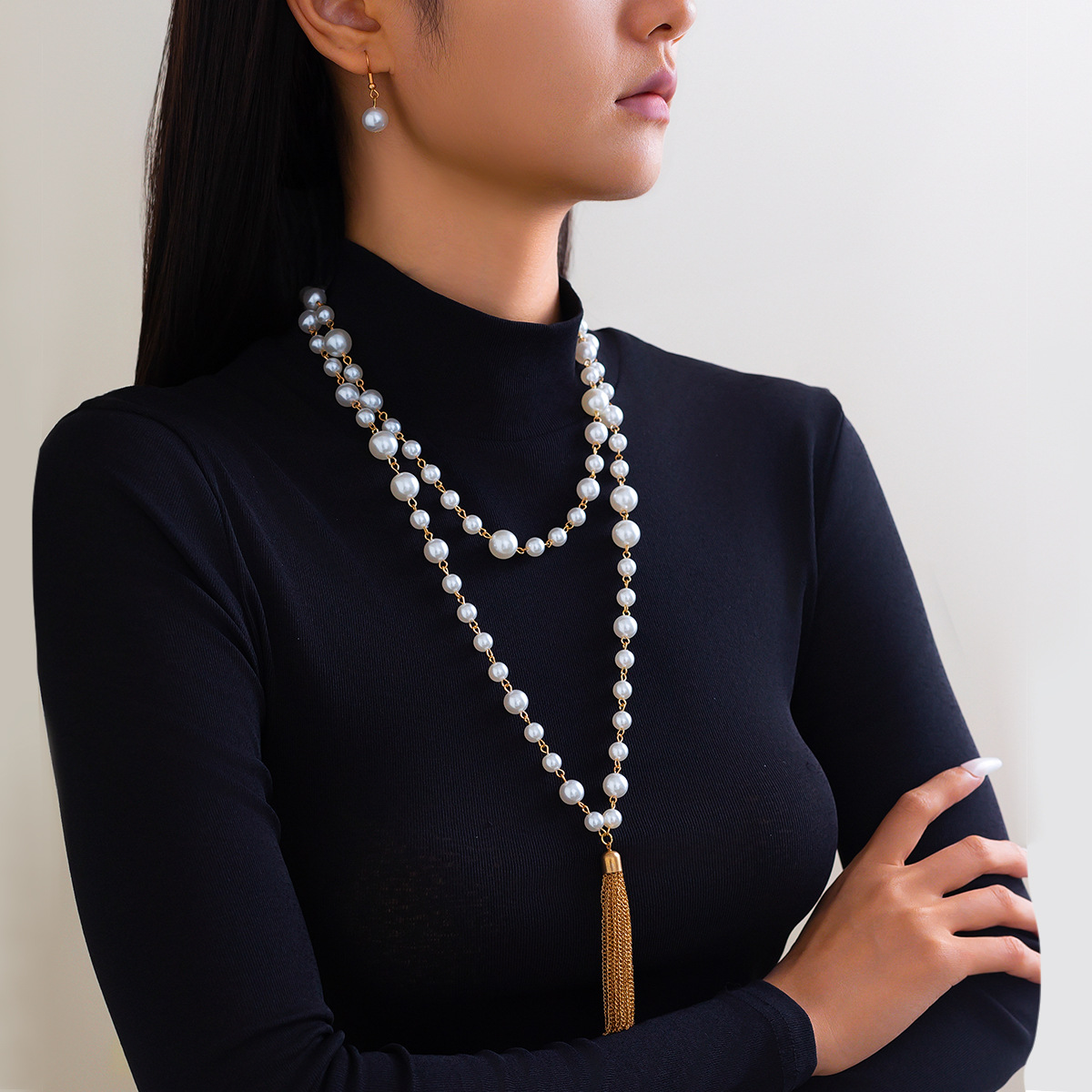 European and American cross-border goods cold style pearl beaded sweater chain set, personalized tassels Necklace multiple layers details Picture