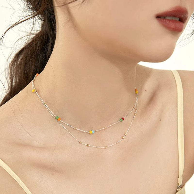 Rainbow Sweet Bean Summer Layered round beaded silver Necklace for women, fashionable and versatile collarbone chain wholesale full figure