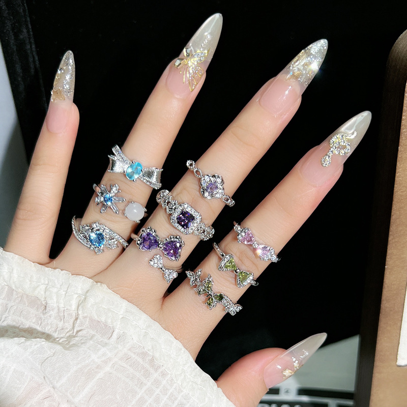 French super fairy colored diamond irregular bow, exquisite texture, open ring, sweet and cool, square sugar geometric index finger ring details Picture