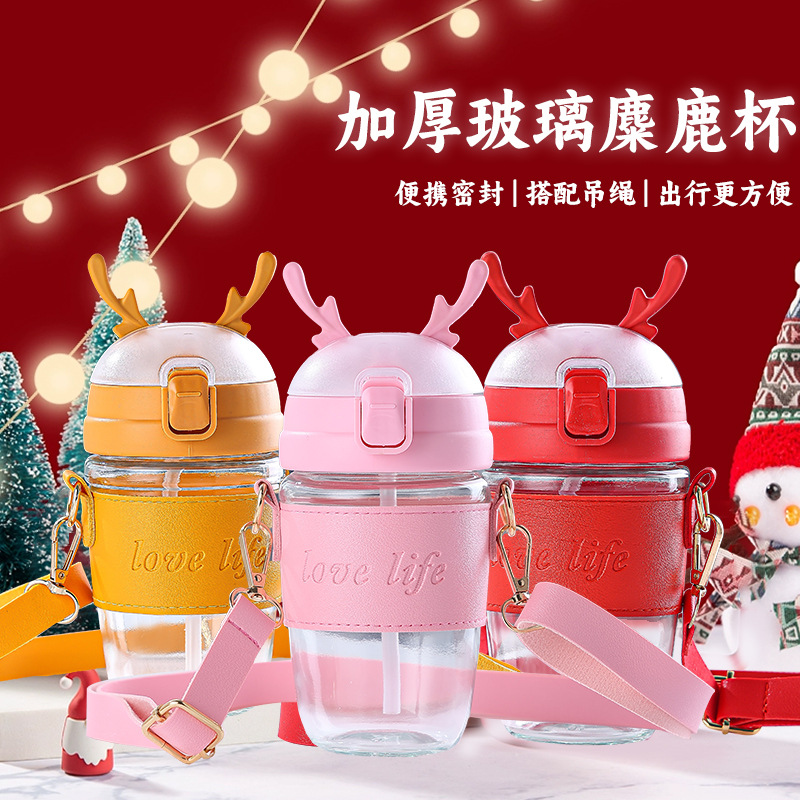 Elk straw water cup, anti-drop backpack cup for going out, activity gift cup, 400ml heat-resistant glass drinking cup with printed words full figure