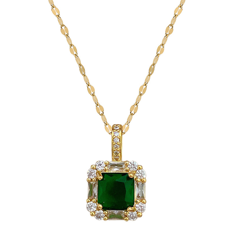 【 Titanium Steel 】 Necklace and earring set, light luxury Full diamond green square, personalized and elegant banquet earrings and necklaces Item Picture
