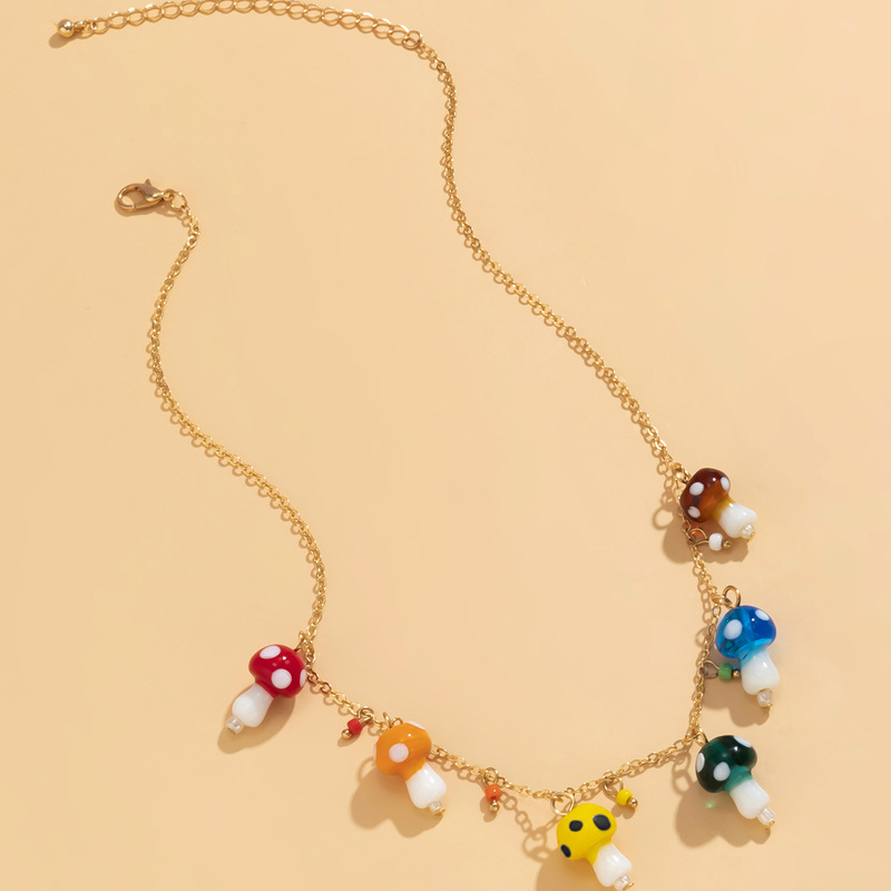 Hip-hop ethnic style colorful mushroom tassel necklace, trendy and simple fine metal chain collarbone chain, cross-border from Europe and America details Picture