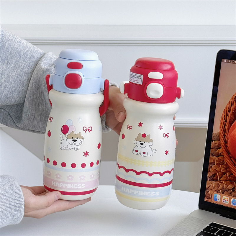 High appearance level handle double-drinking cup for students and couples, cute cartoon insulated cup, stainless steel outdoor portable straw cup for women full figure