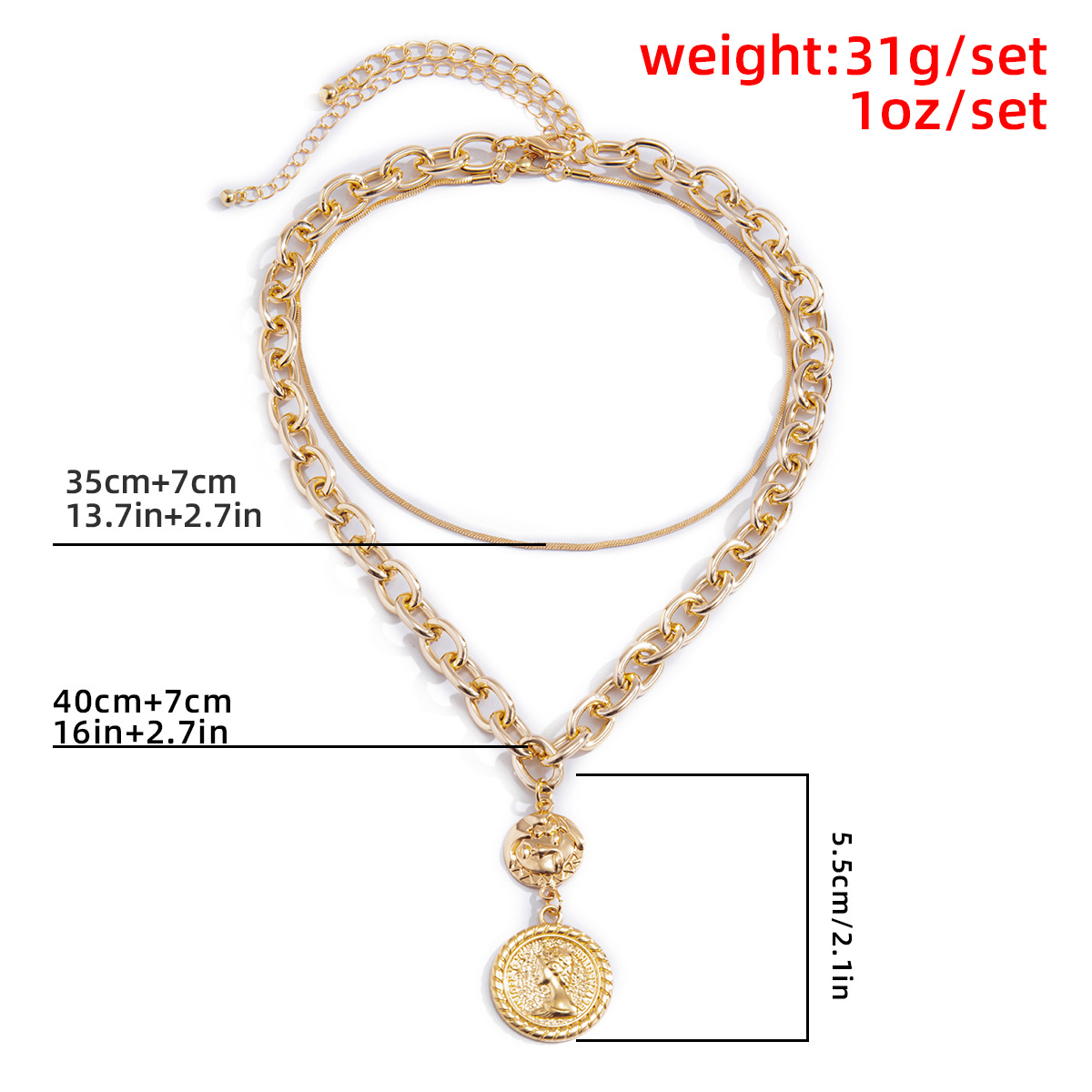 Punk hip-hop hollowed-out cross chain combination necklace, retro human figure tag, simple snake bone chain, European and American cross-border accessories Specification drawing