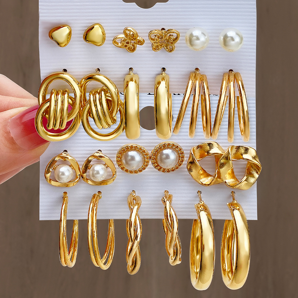 New cross-border geometric circle pearl women's earrings set, 6-pair pearl butterfly exaggerated twisted earrings from Europe and America full figure