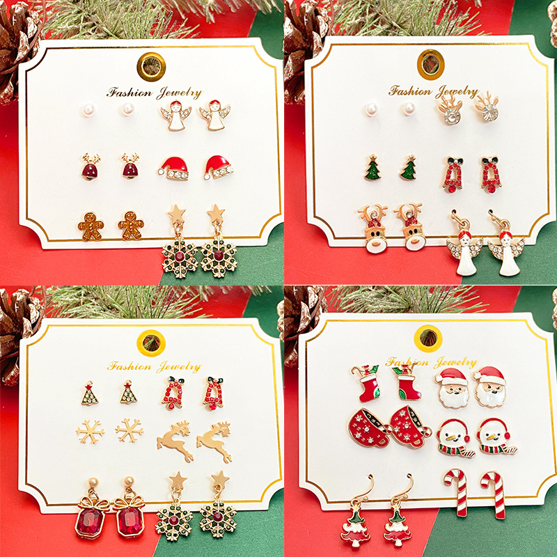 New Christmas earring set for women, European and American creative cartoon reindeer snowflake Santa Claus earring combination set full figure