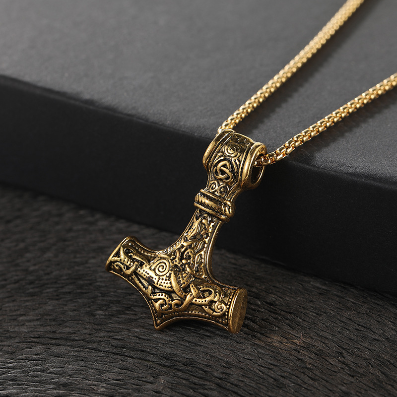 Wholesale of 2024 Amazon Nordic Retro Viking Mythology Thor Warhammer pendant fashion Men's Gothic style necklace full figure
