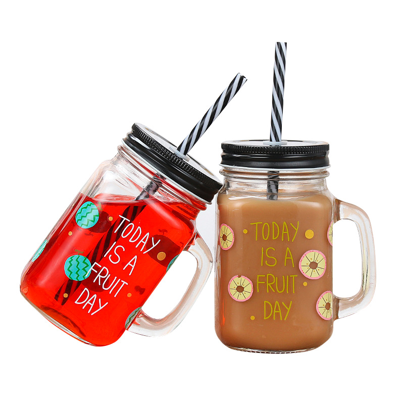 Summer fruit creative Mason Cup, cute glass cup, cold drink cup, juice beverage cup, straw cup with lid, 500ml Item Picture