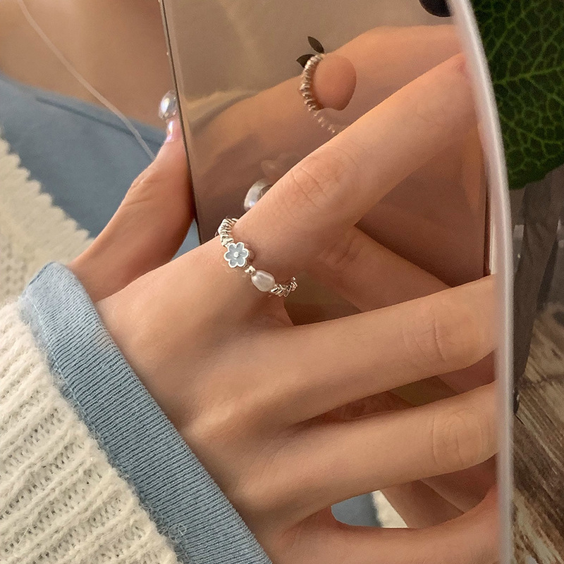 This light and fresh blue glazed flower pearl silver ring is a unique design for women, simple and versatile, with a high-end feel Specification drawing