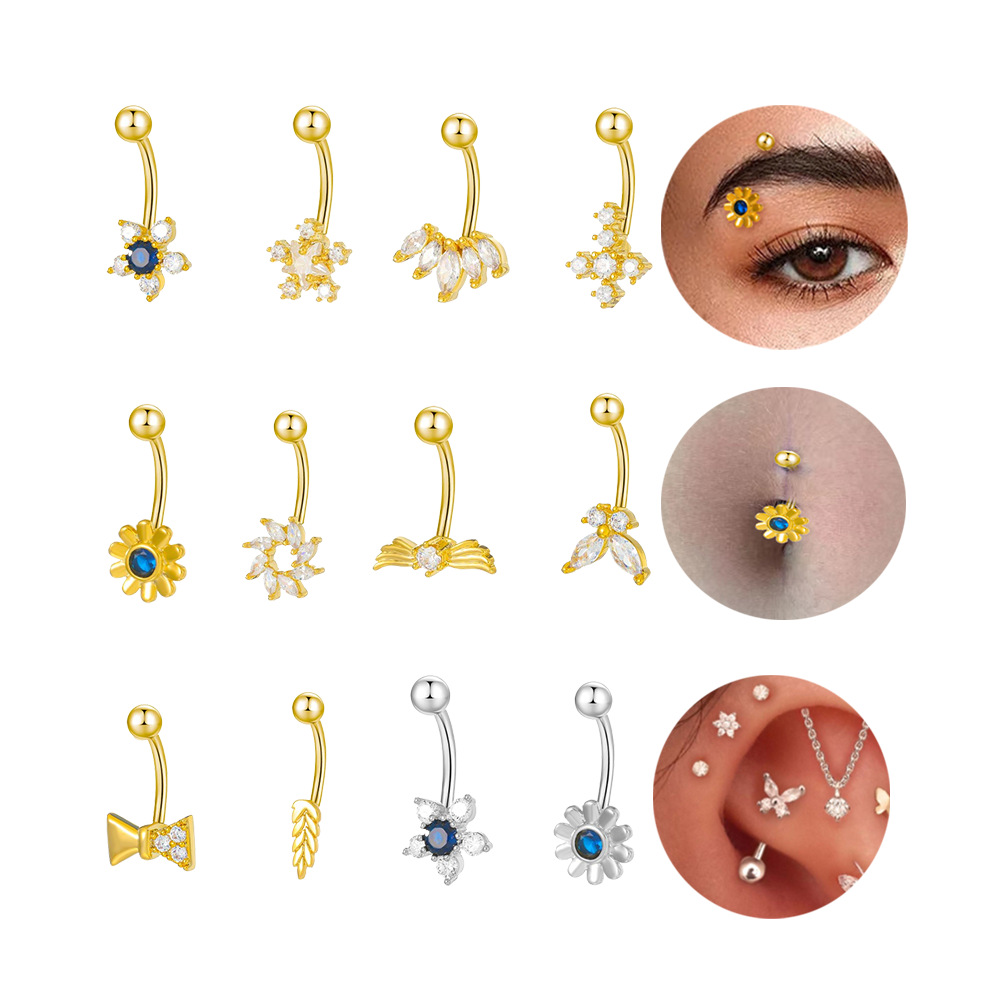 Cross-border new copper-inlaid zircon navel nail women's personality and temperament butterfly flower star eyebrow nail lip nail piercing jewelry details Picture