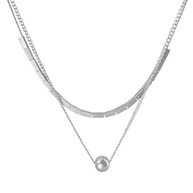 Double-layer titanium steel round bead square necklace, women's non-fading sweatshirt chain, ins simple and versatile accessories 2023 Item Picture