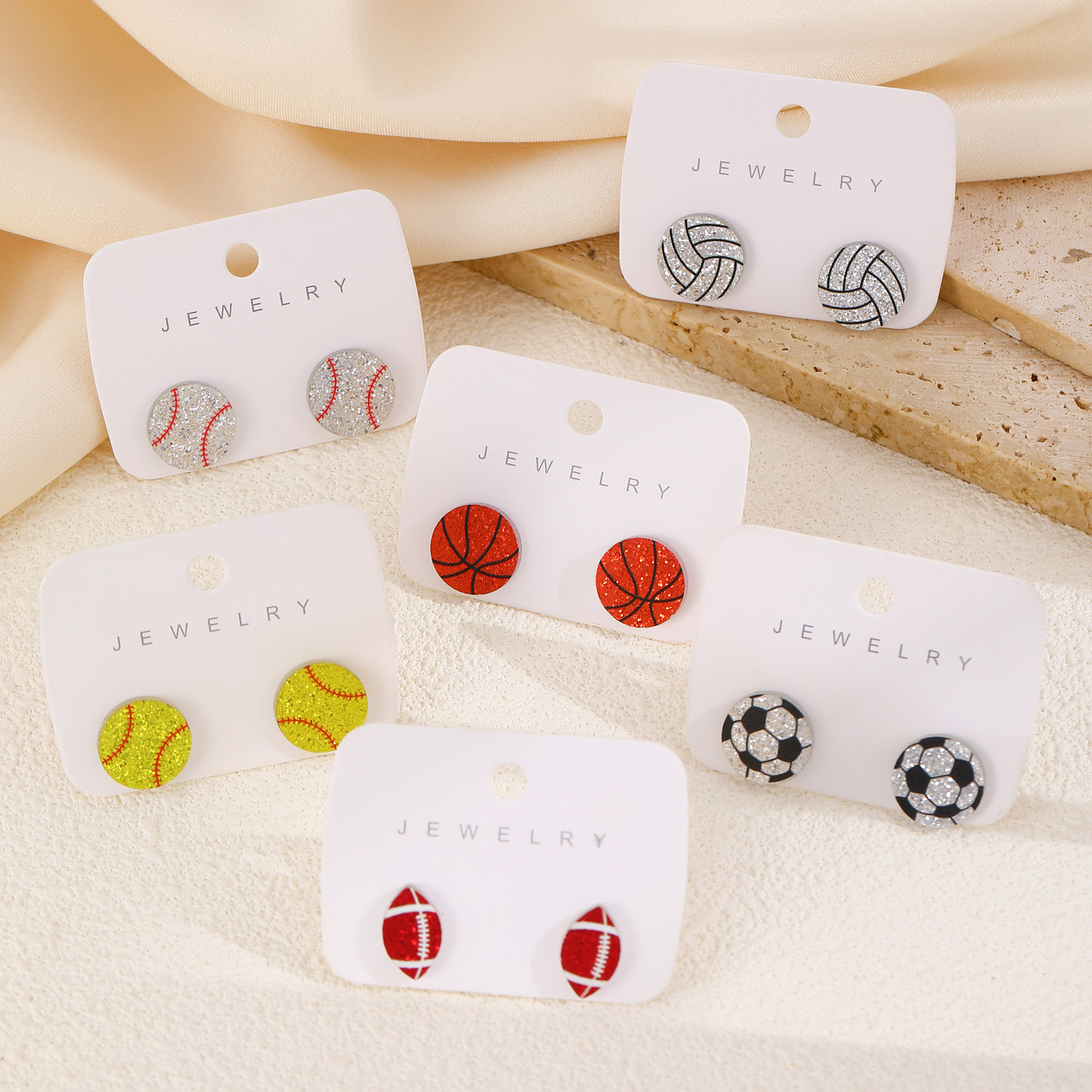 Cross-border retro acrylic heart-shaped stud earrings, women's doubles heart-shaped rugby, basketball and baseball sports ball earrings and accessories details Picture