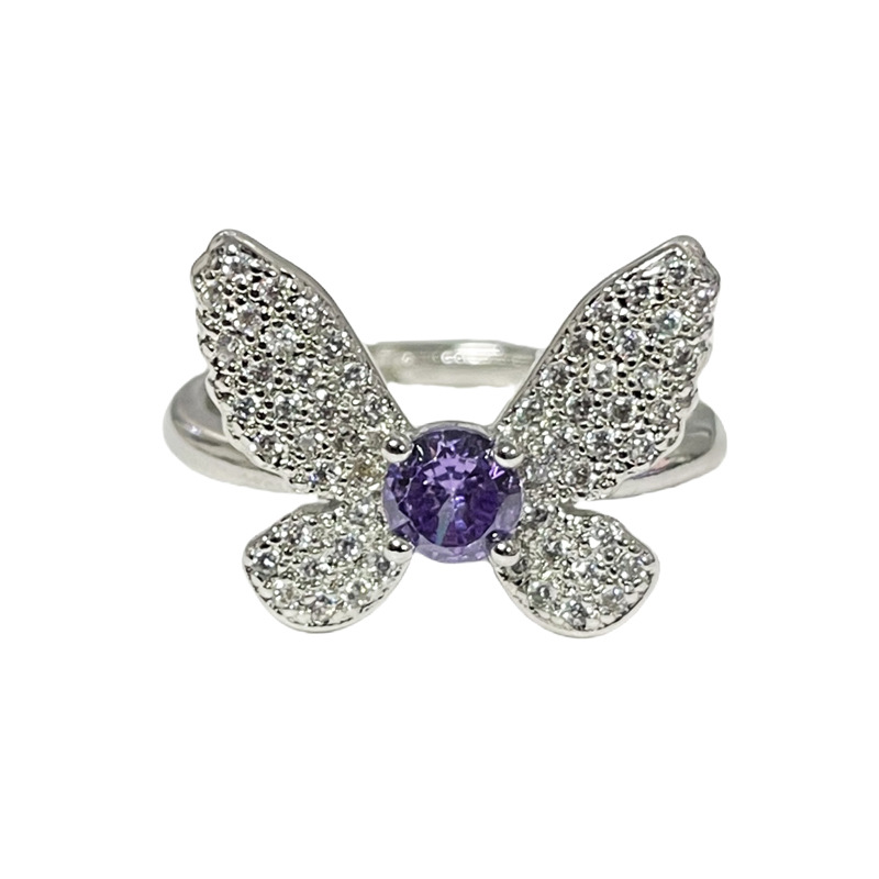 The new Korean version of the Phantom purple diamond butterfly opening ring is a light luxury, high-end, sweet, cool, fashionable and exquisite layered ring for women Item Picture