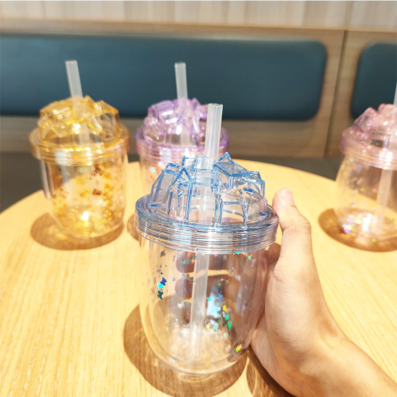 New summer minimalist double-layer glitter straw cup, cross-border Amazon plastic portable milk tea cup AS cold water cup details Picture
