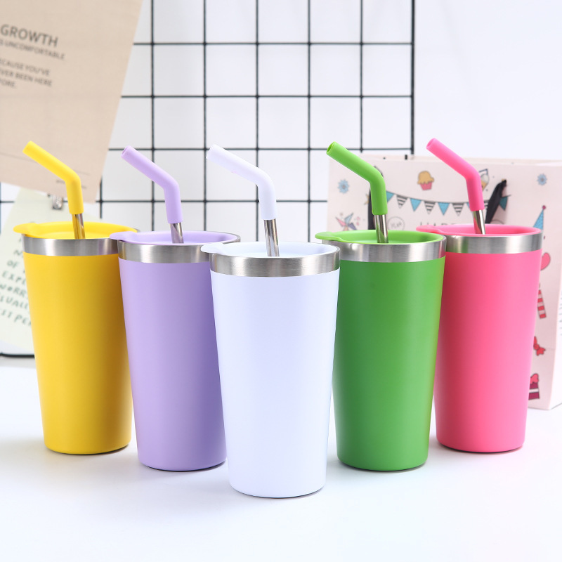 New cross-border 304 stainless steel solid-color straw cup, conical portable car coffee cup, vacuum insulated car cup Specification drawing