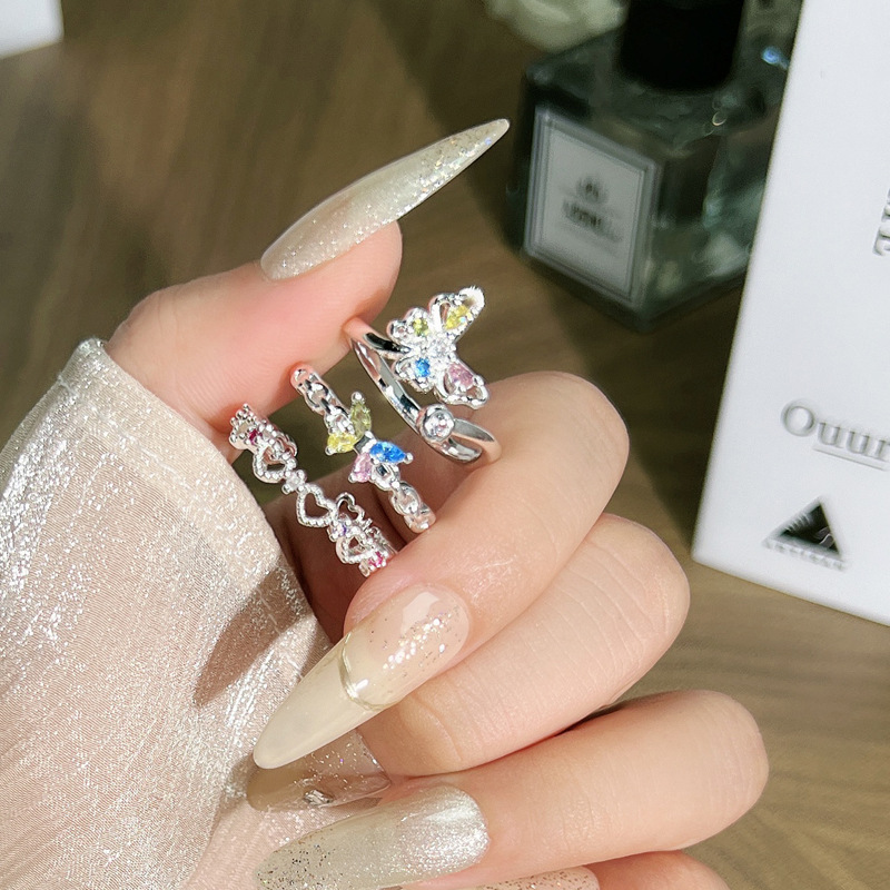 Sweet love, silver texture open ring, French exquisite, super fairy-like colorful diamond irregular butterfly index finger ring, trendy Application Scenario