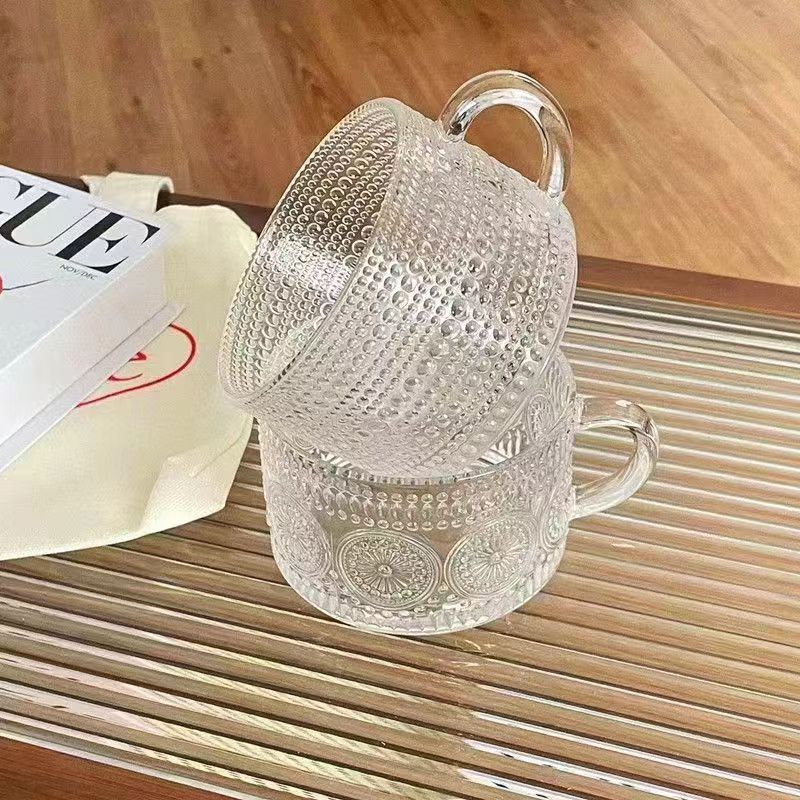 Sunflower relief oatmeal breakfast bowl, high appearance level, ins style, retro with spoon, glass cup, large capacity milk water cup Specification drawing