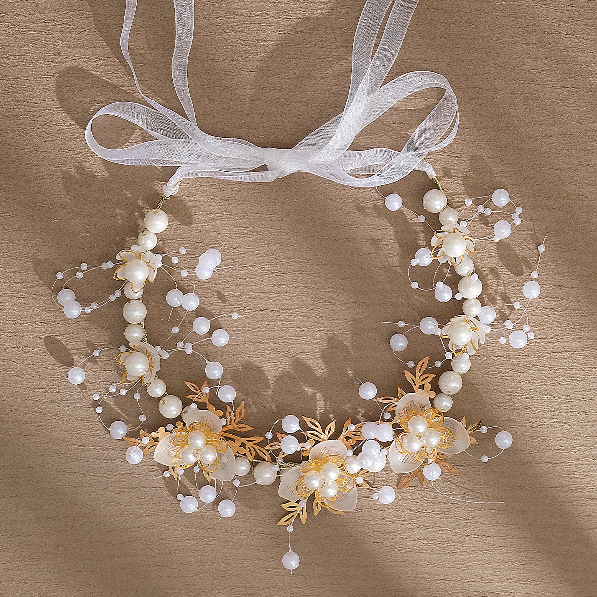New Chinese-style Xiuhe ancient-style hair accessories, pure handcrafted children's headband, forest-themed acrylic flower pearl braided hair band Specification drawing