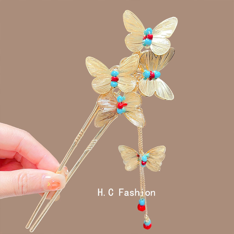 New Chinese-style exquisite golden butterfly tassel hairpin, high-end U-shaped Hanfu updo cheongsam hairpin, hair accessory and hairpin full figure