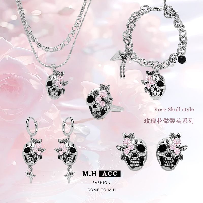 ins Hip-hop punk style rose skull earrings 925 silver needle high-end dark stud earrings Personalized trend earrings full figure