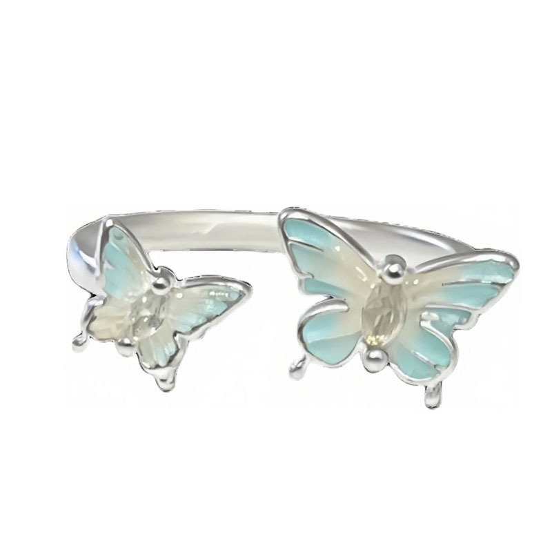 New silver-white cream style glacier blue gradient enamel butterfly opening ring, sweet and cool delicate female flower ring Item Picture