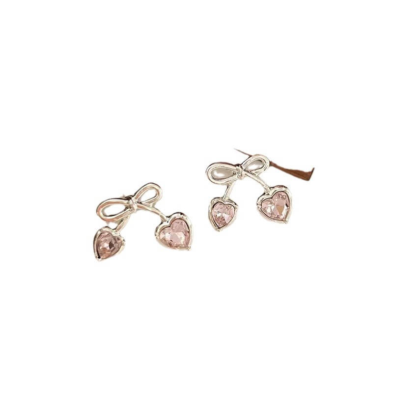 The 2025 new pink zircon heart-shaped bow stud earrings are a light luxury, high-end, versatile and niche design accessory for women Item Picture