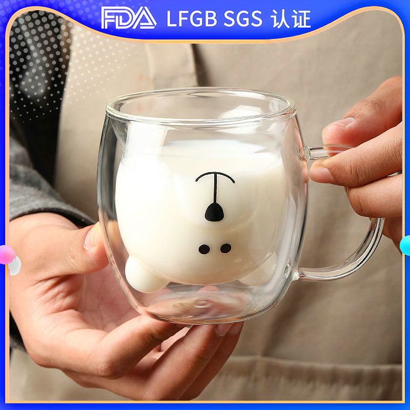 Cartoon bear cup, double-layer glass cup, heat-insulating cute-shaped cup, creative milk cup, coffee cup, breakfast cup, water cup full figure